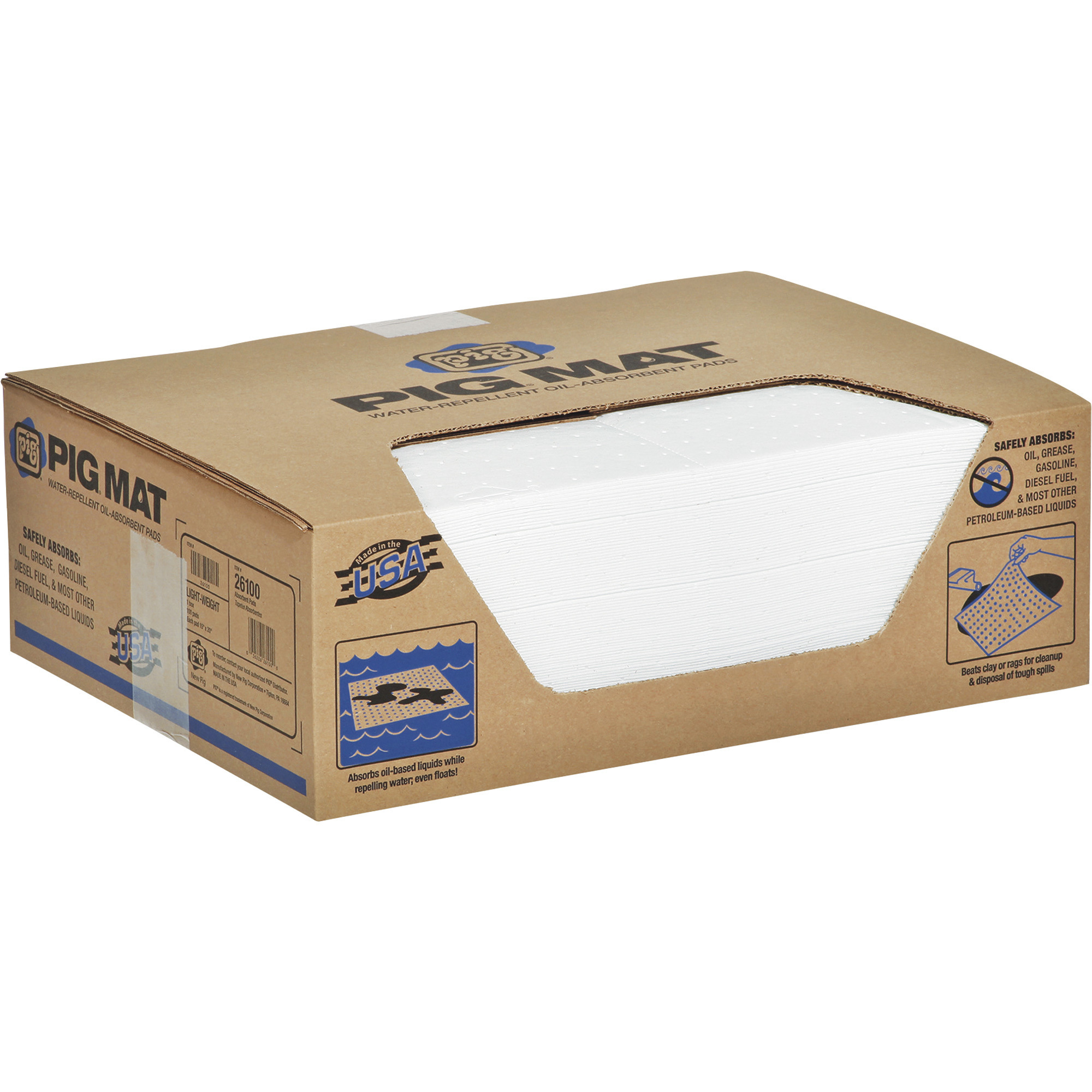 New Pig Oil-Only Lightweight Absorbent Pads, Box of 100, 20in. x 15in., Model# 26100